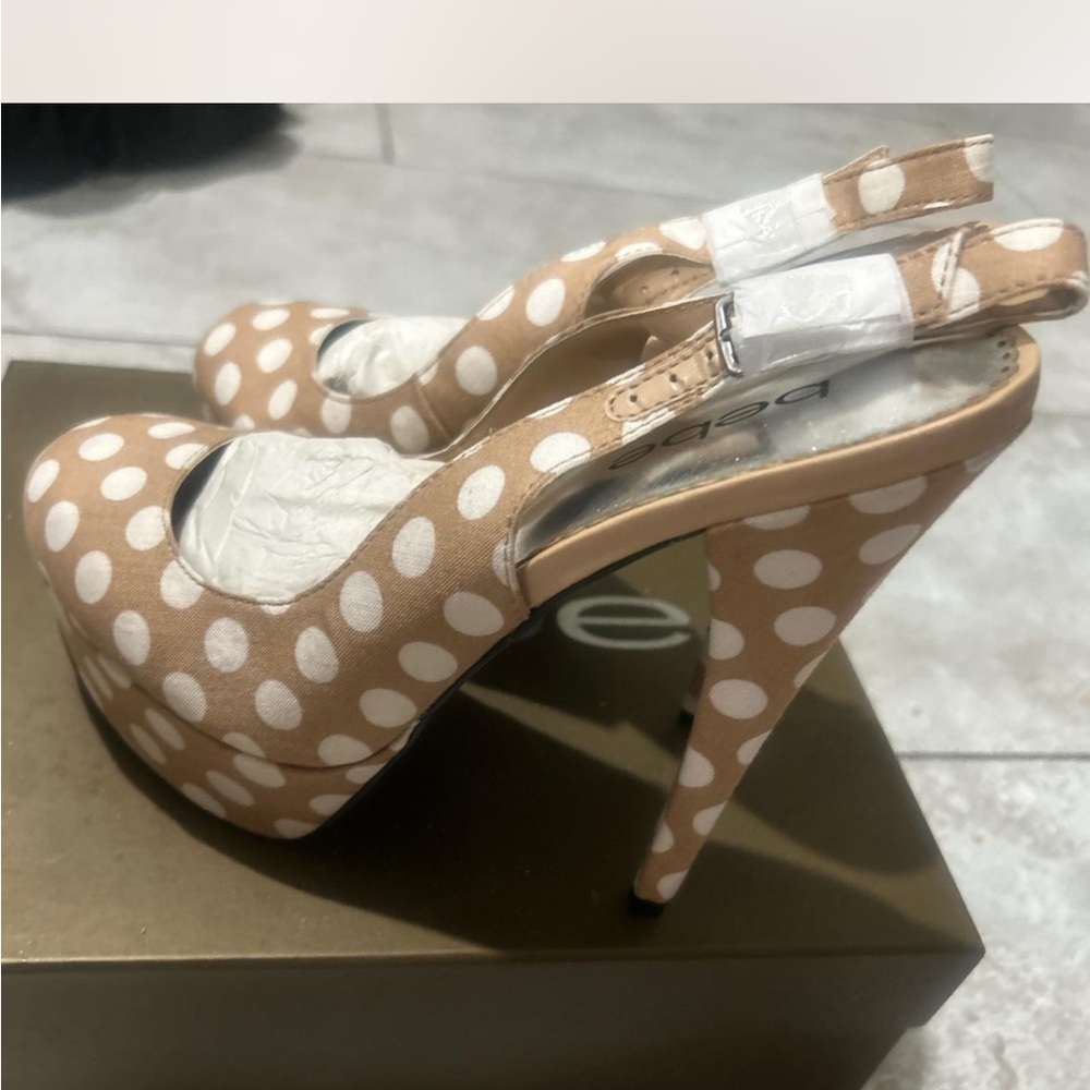bebe Tan and White Polka Dot Platform Heels